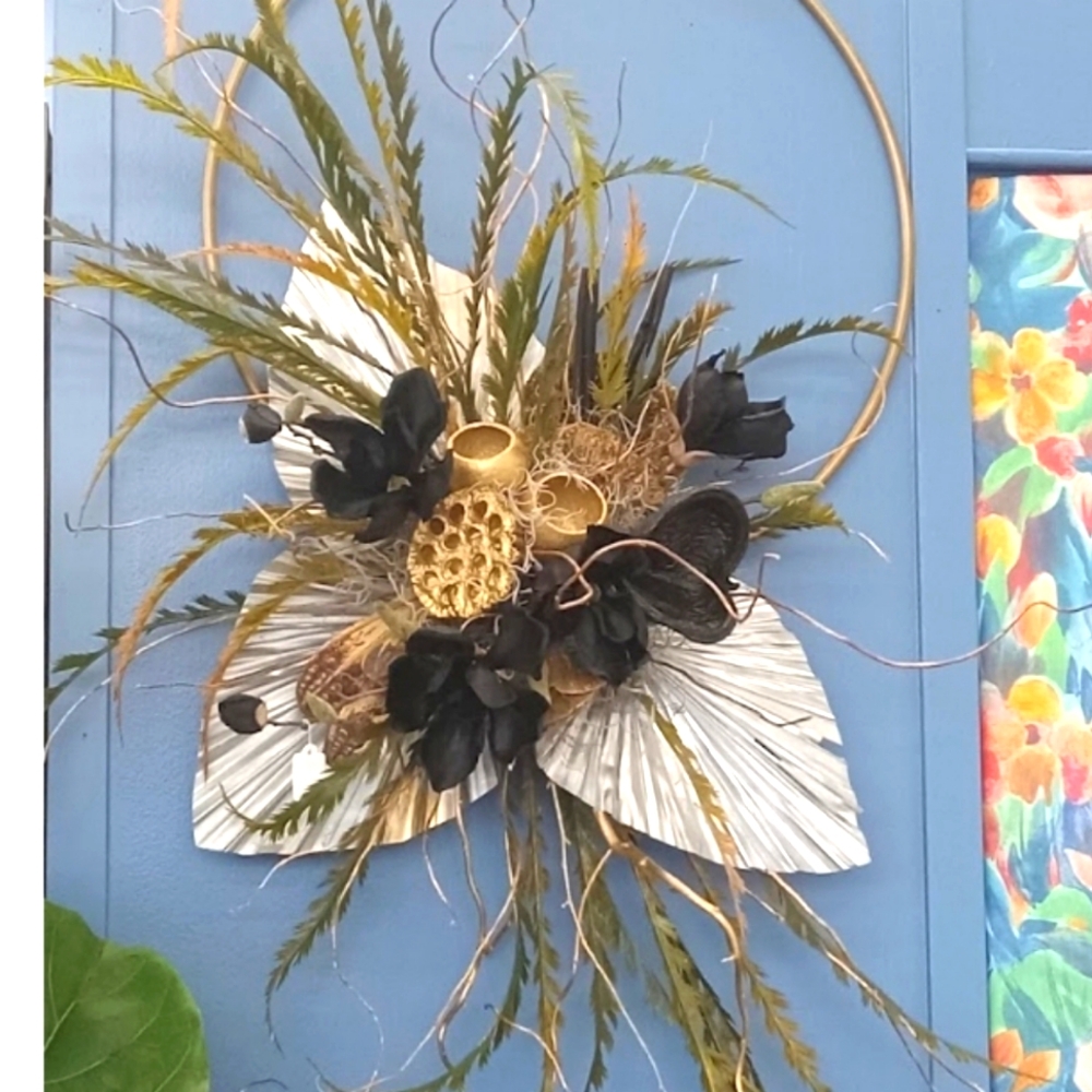 Black and Gold Faux Floral Accent with Feathers